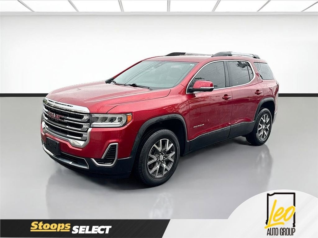 2021 GMC Acadia SLE in Cayenne Red Tintcoat — front three-quarter view