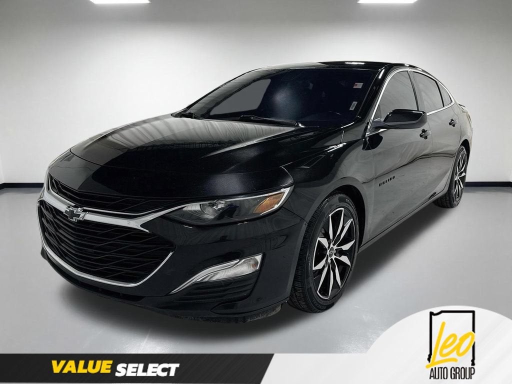 2020 Chevrolet Malibu RS in Mosaic Black Metallic — front three-quarter view